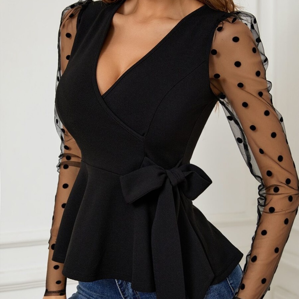 Black Polka dot Sheer Sleeve Peplum Top - Picture 4 of 5